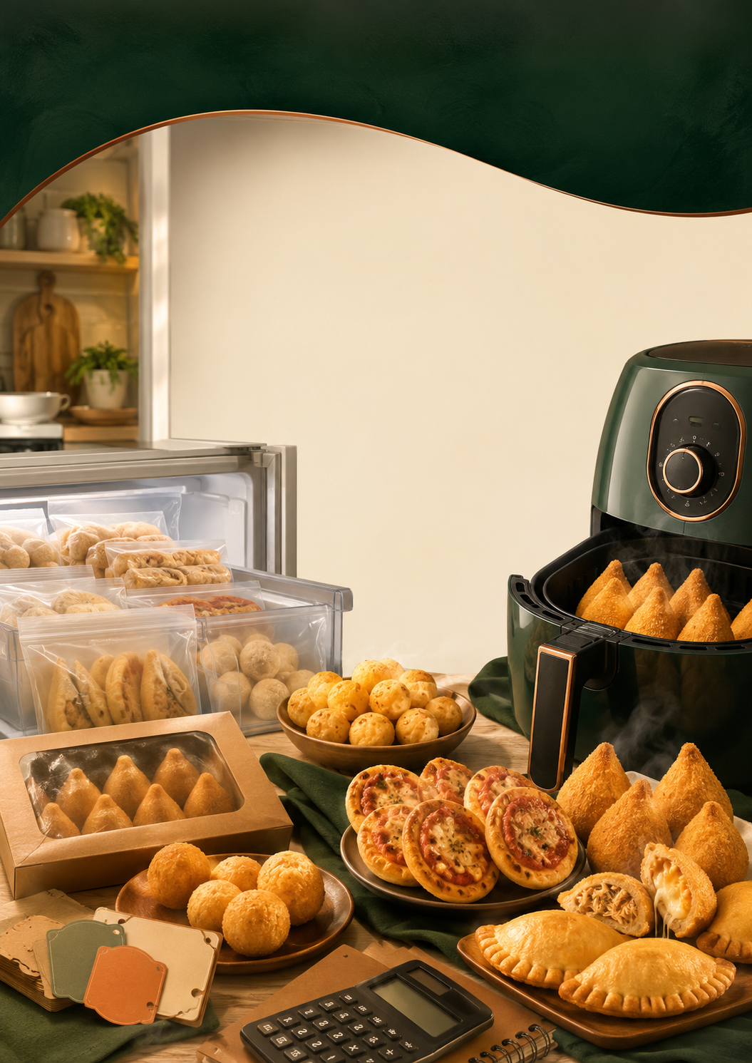Congelados organizados ao lado de uma Air Fryer